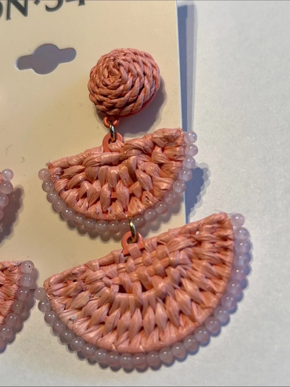 On 34th Gold-Tone Stone Bead & Woven Raffia Drop Earrings in Pink